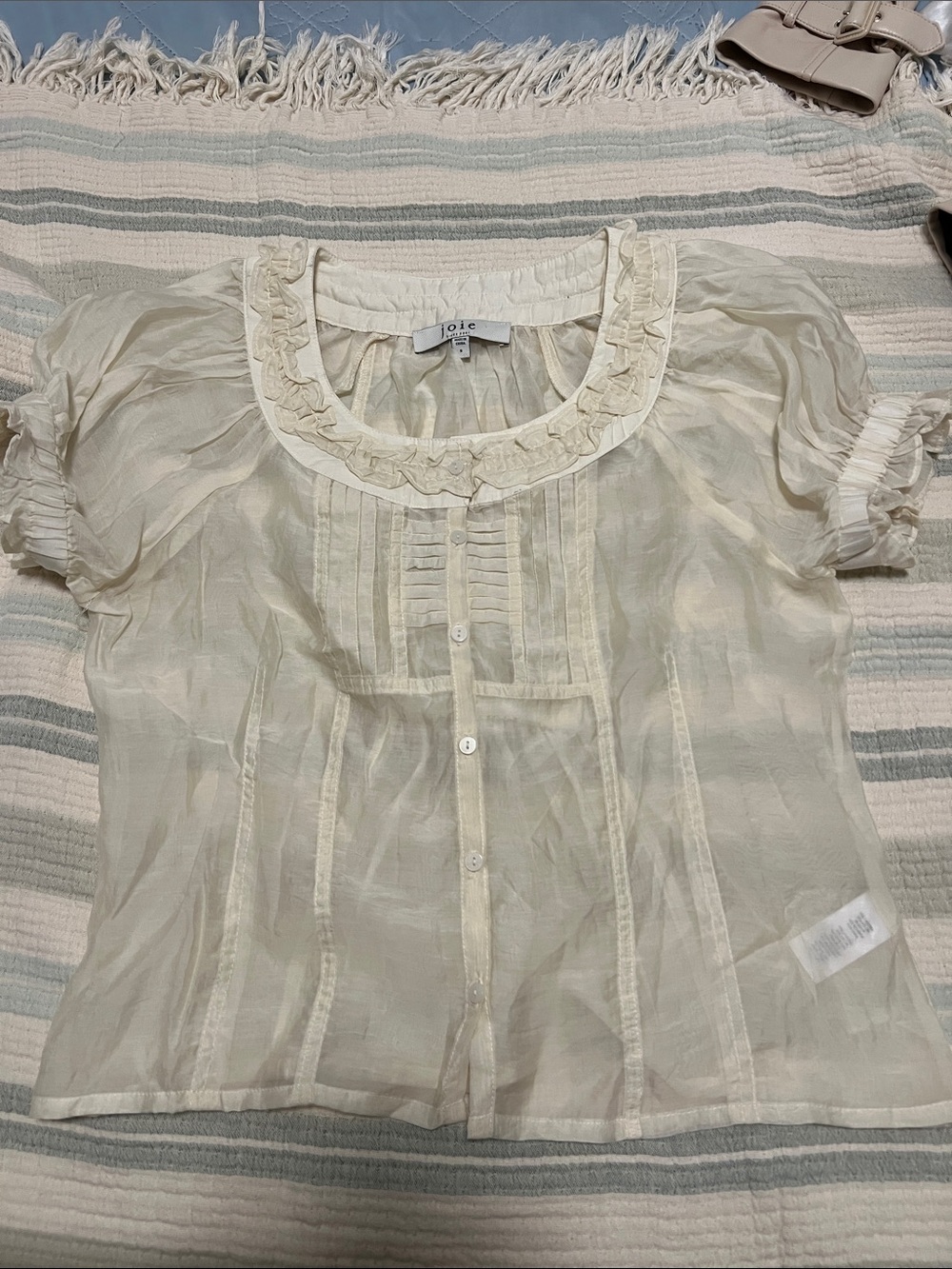 Joie Sheer Cream Ruffle-Trim Puff Sleeve Blouse